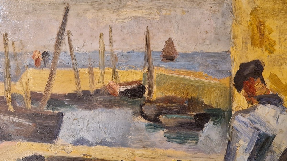 André Planson 1898–1981 Breton Sailors At The Harbor Oil On Cardboard-photo-1