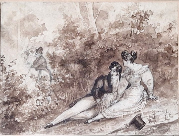 Louis Marie Lanté 1789–1871 Lovers In The Gardens Of Tivoli Brown-ink Wash Drawing-photo-2