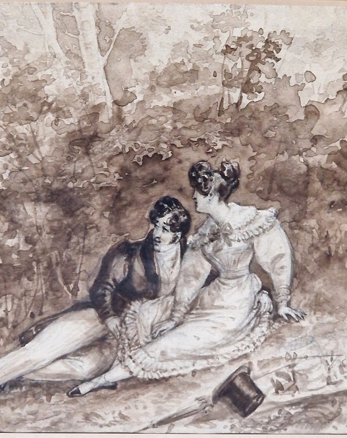 Louis Marie Lanté 1789–1871 Lovers In The Gardens Of Tivoli Brown-ink Wash Drawing-photo-3