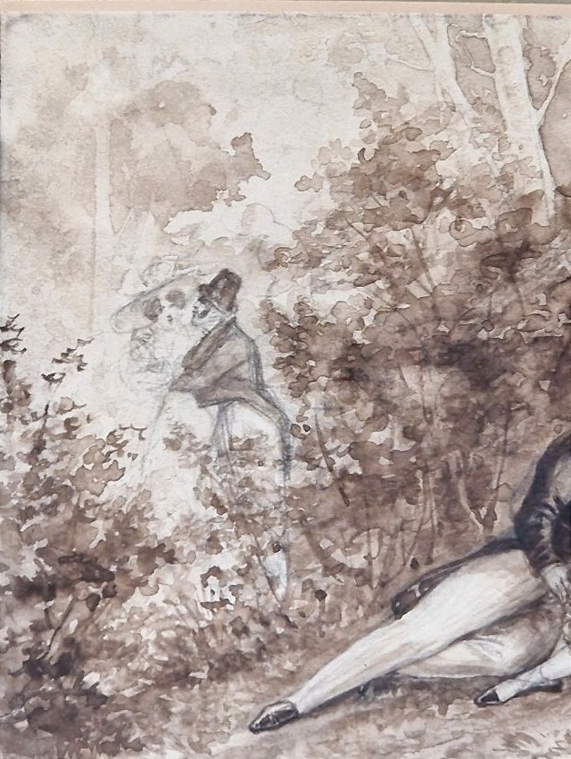 Louis Marie Lanté 1789–1871 Lovers In The Gardens Of Tivoli Brown-ink Wash Drawing-photo-4