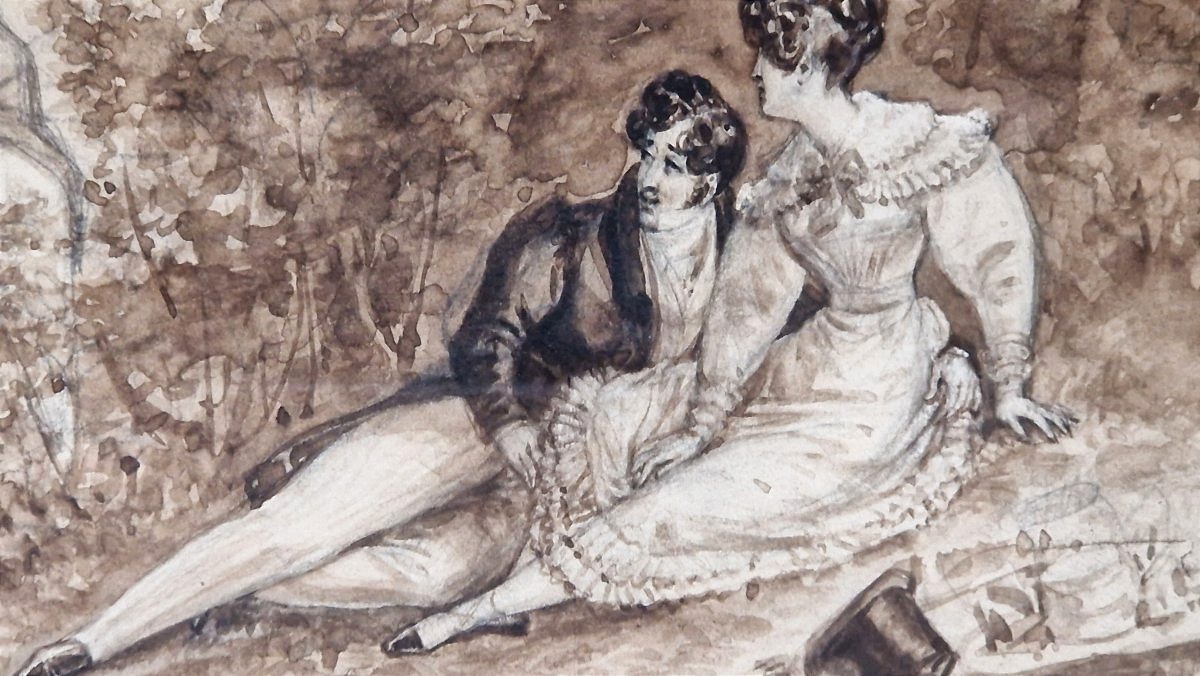 Louis Marie Lanté 1789–1871 Lovers In The Gardens Of Tivoli Brown-ink Wash Drawing-photo-1