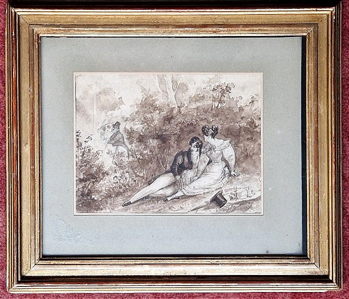 Louis Marie Lanté 1789–1871 Lovers In The Gardens Of Tivoli Brown-ink Wash Drawing
