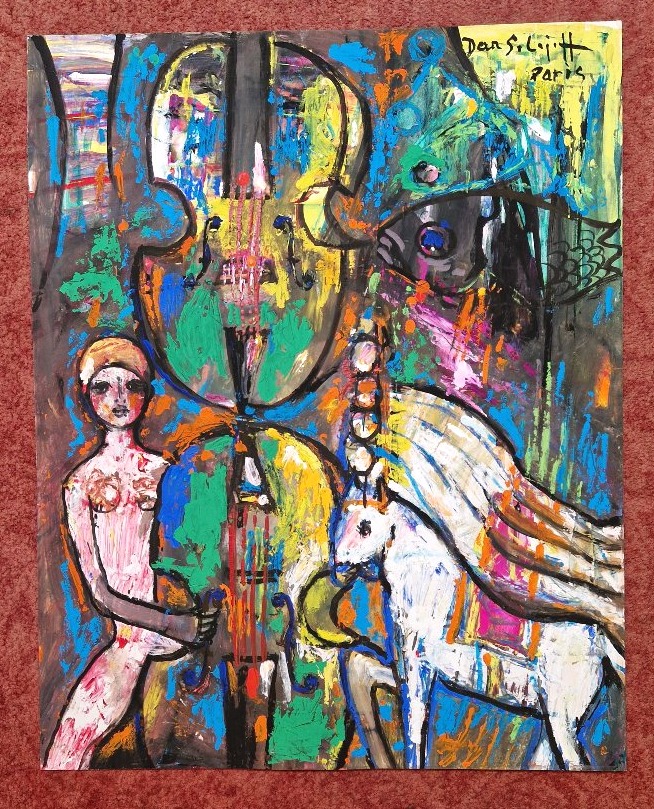 Daniil Andreivitch Solojeff 1903-1994  Femme Cheval  Violon Acrylique sur papier