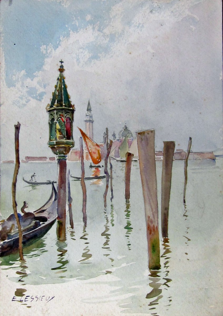 Louis Ernest Lessieux 1846-1925 View From Venice Watercolor