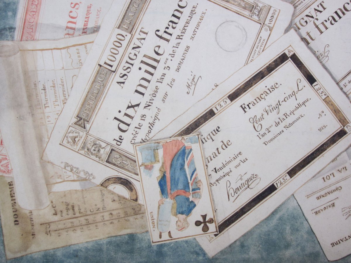 Trompe l'Oeil Aux Assignats And A Watercolor Playing Card From The End Of The 18th Century-photo-2