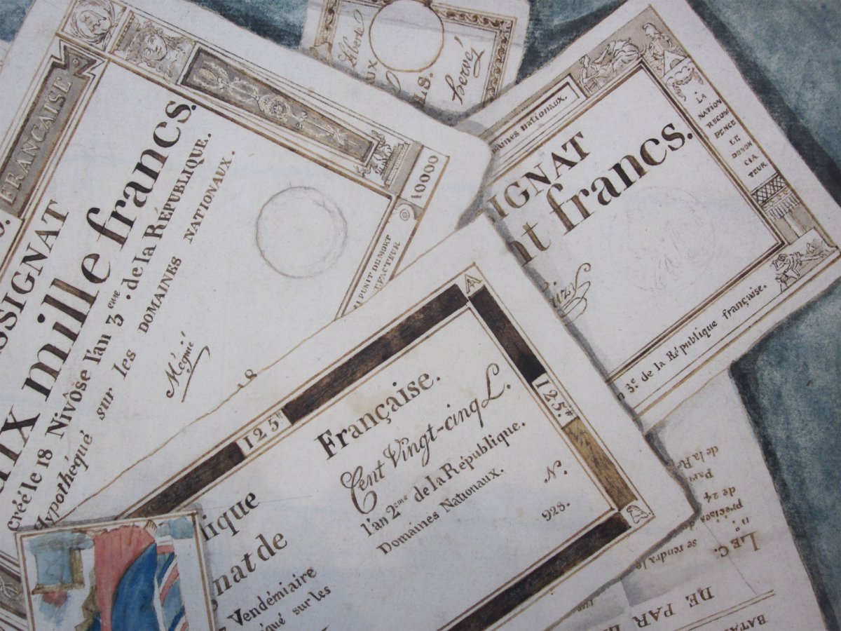 Trompe L’œil Aux Assignats Et à La Carte à Jouer Aquarelle De La Fin Du 18ème Siècle -photo-3