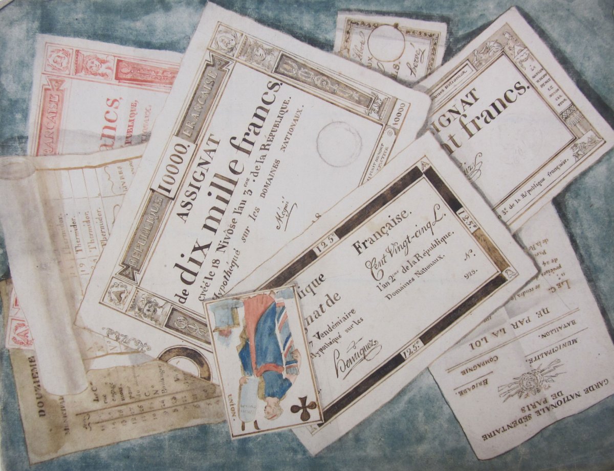 Trompe l'Oeil Aux Assignats And A Watercolor Playing Card From The End Of The 18th Century