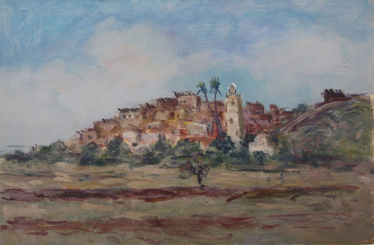 Albert Lepreux 1868-1959 Village Des Aurès T'kout Oil On Paper