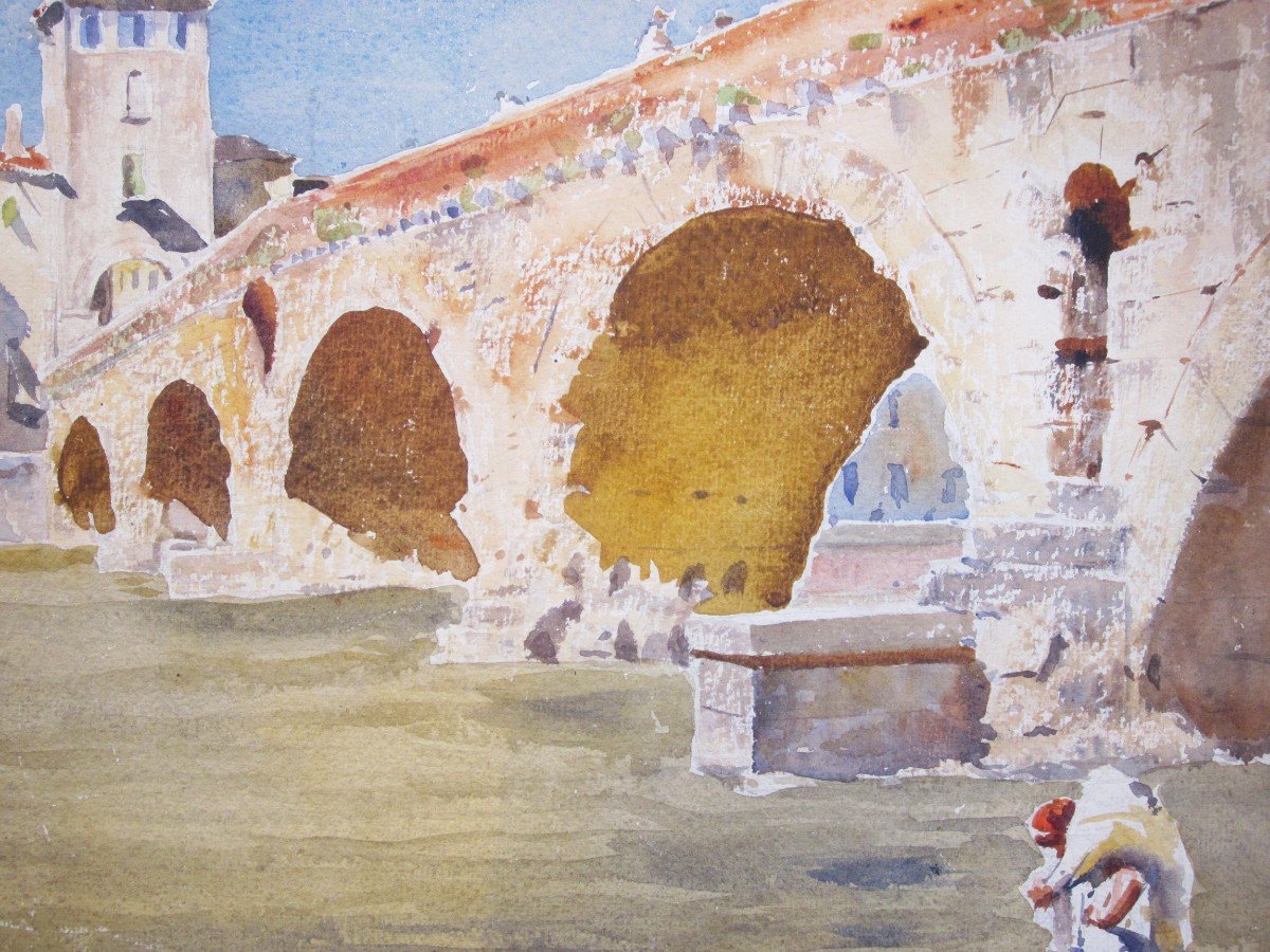 Pierre Vignal 1855-1925 Roman Bridge In Verona Watercolor-photo-3
