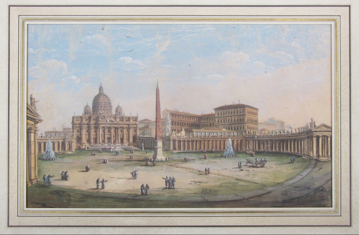 Saint Pierre De Rome Gouache 19ème Siècle