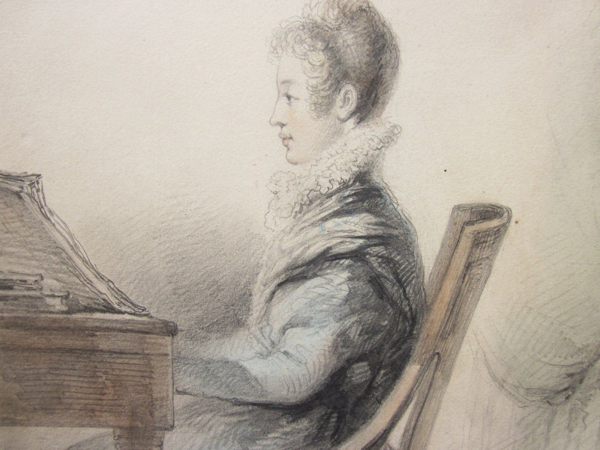 Jeune Femme Au Pianoforte Dessin D époque Romantique-photo-2