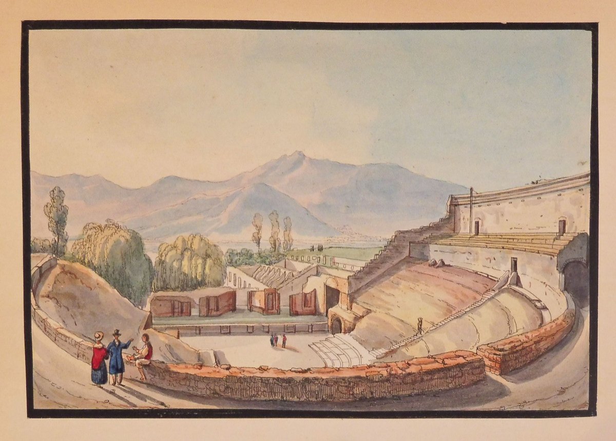 The Ancient Theater In Pompeii Watercolor On Engraved Line 19th Century-photo-2