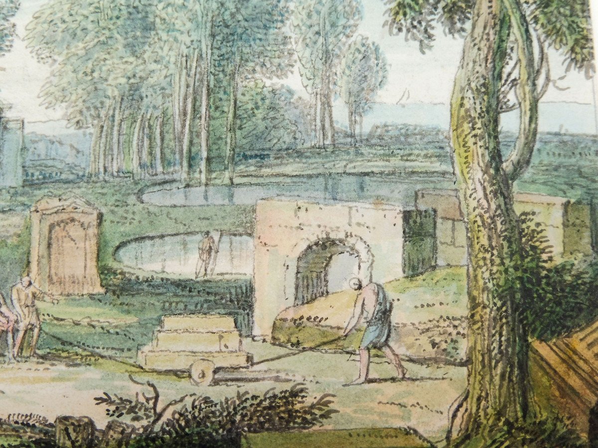Louis Fabricius Dubourg 1693-1775 Gardeners At Work In A Park Watercolor-photo-3