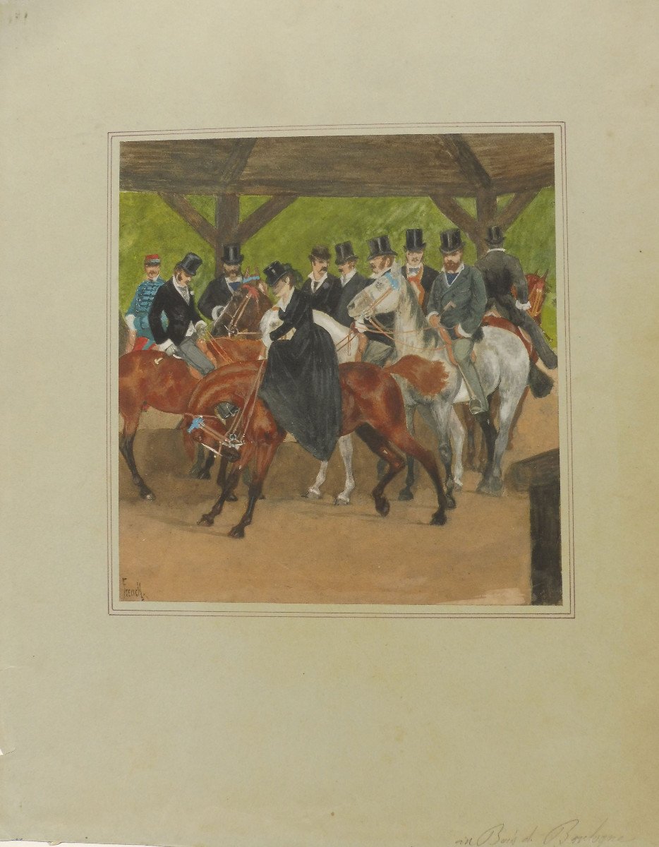 William French 1815-1898 Cavaliers Sur Le Départ Au Bois De Boulogne Aquarelle-photo-1