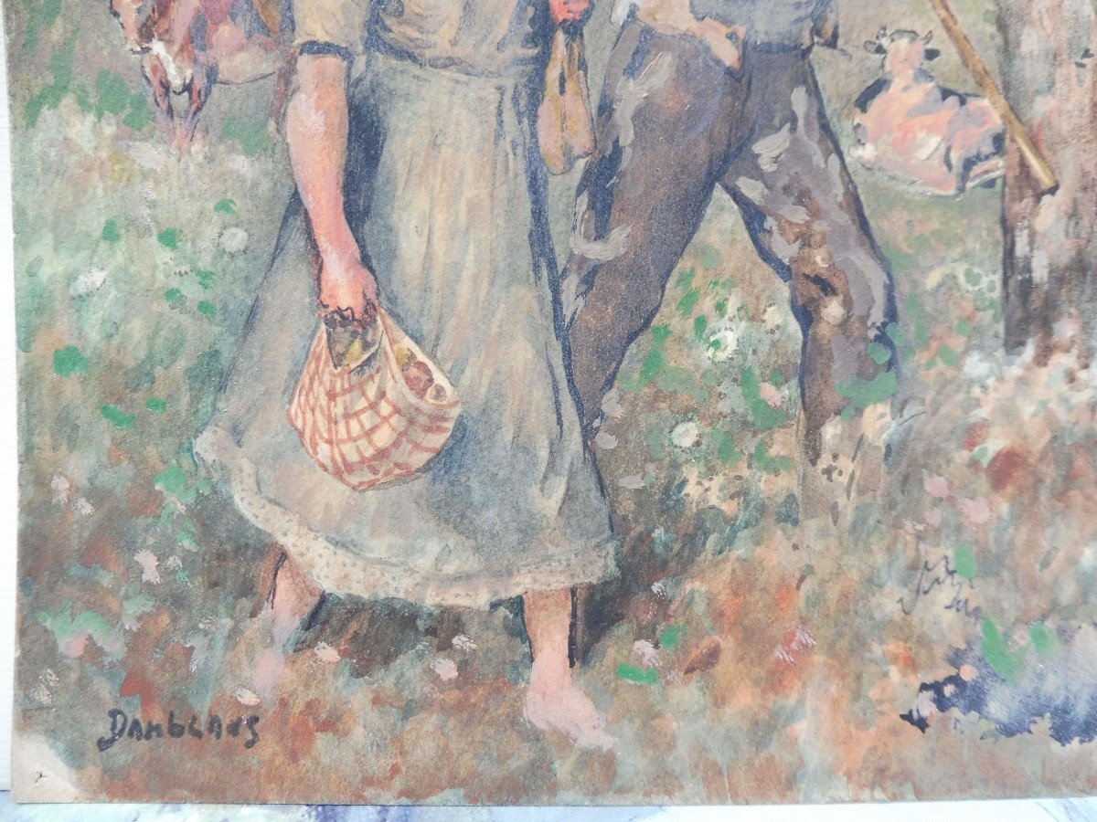 Eugène Damblans 1865-1945 Couple De Paysans Huile Sur Papier-photo-4