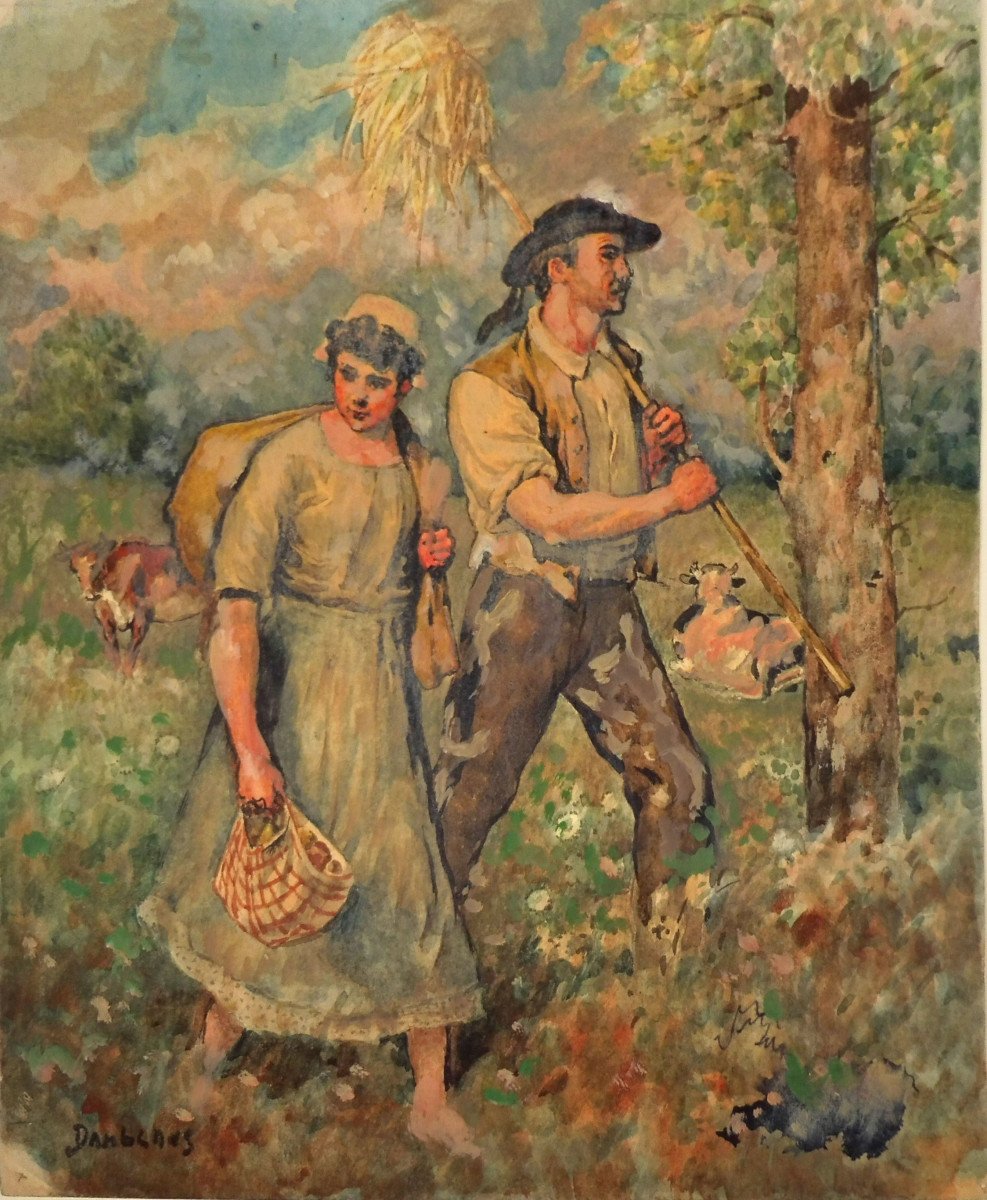 Eugène Damblans 1865-1945 Couple De Paysans Huile Sur Papier