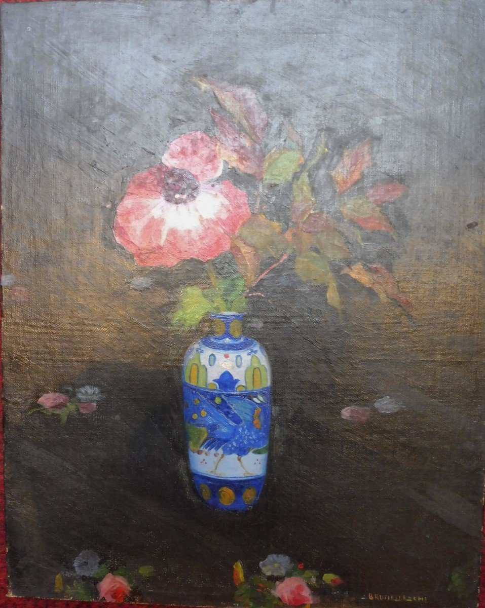 Umberto Brunelleschi 1879-1949 Vase Of Flowers Oil On Canvas Cardboard-photo-1