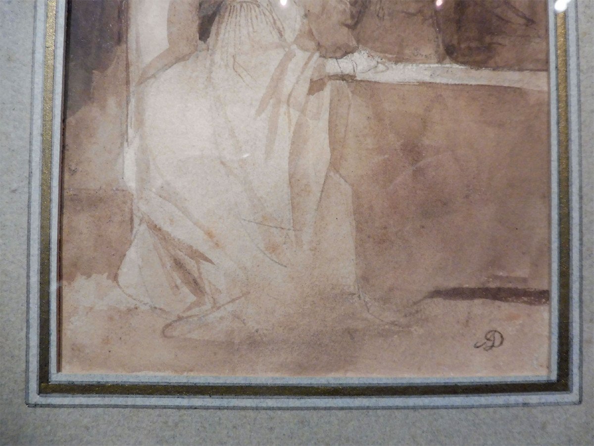 Achille Devéria 1800-1857 Troubadour Scene Drawing In Lavis-photo-3