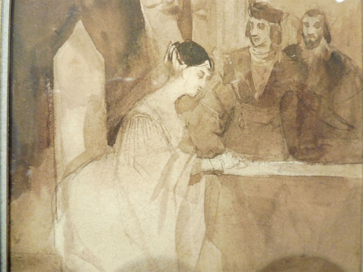 Achille Devéria 1800-1857 Troubadour Scene Drawing In Lavis-photo-4