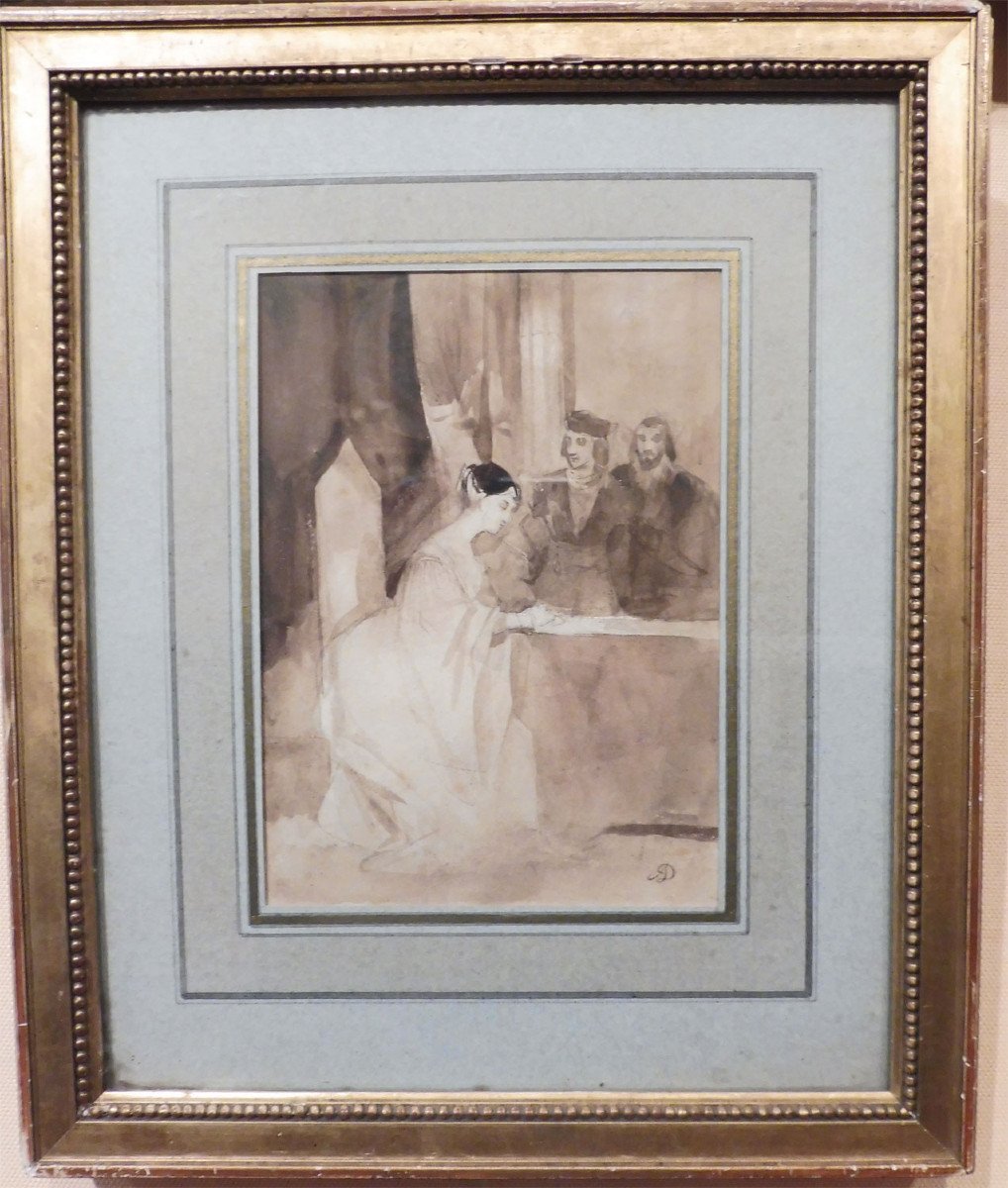 Achille Devéria 1800-1857 Troubadour Scene Drawing In Lavis