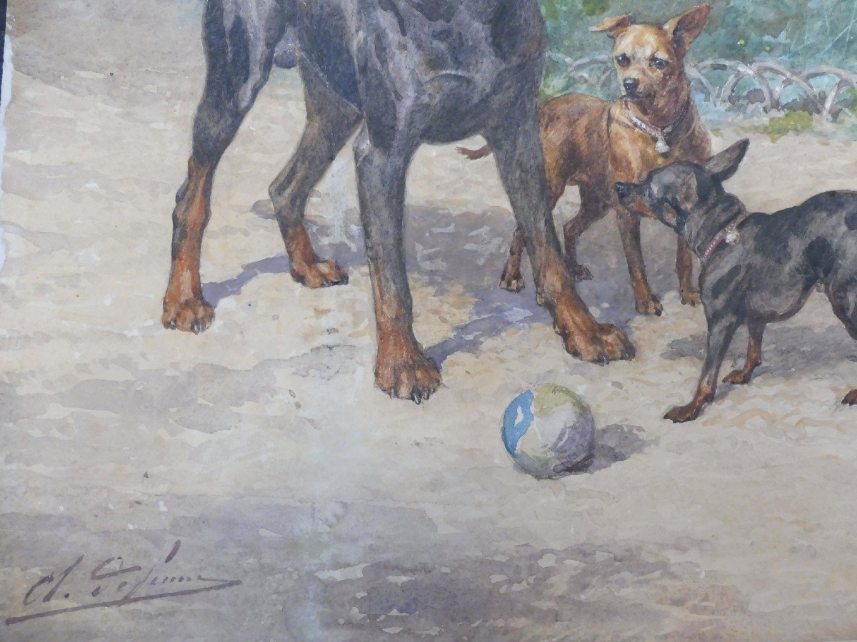 Olivier De Penne 1831-1897 Les Pinschers Watercolor-photo-4