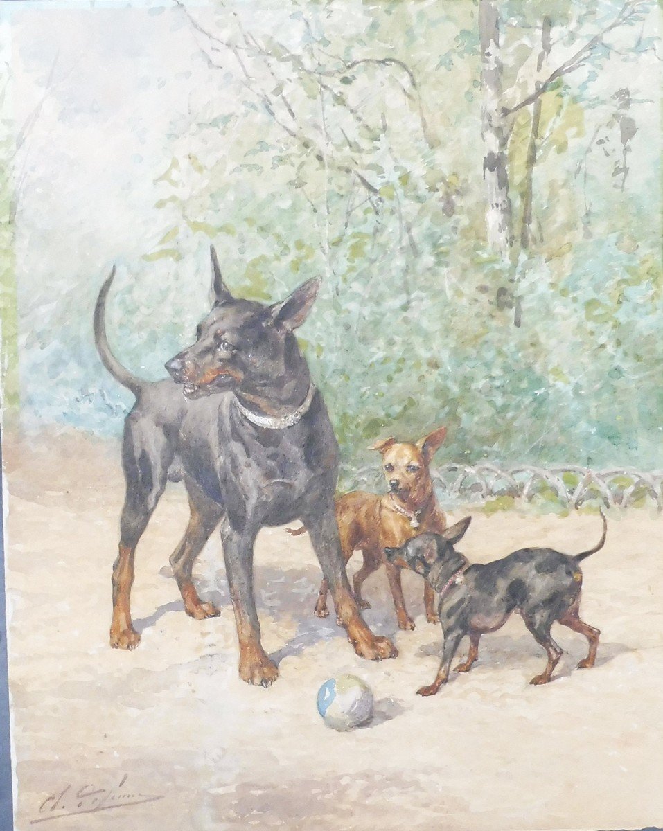 Olivier De Penne 1831-1897 Les Pinschers Watercolor
