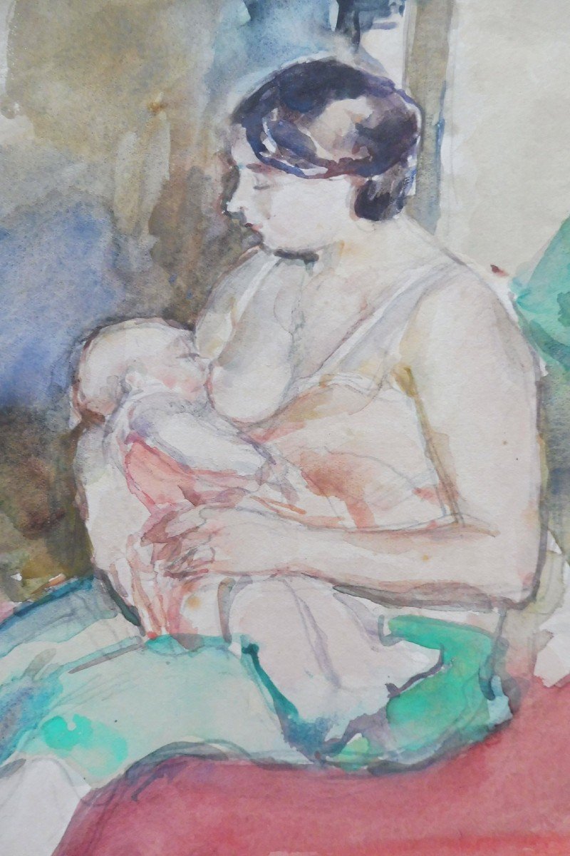 René Thomsen 1897-1976 Mother And Breastfeeding Child Watercolor-photo-2