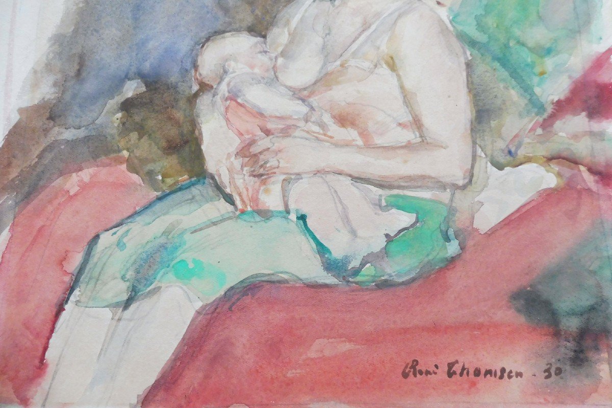 René Thomsen 1897-1976 Mère à l'Enfant Allaitant Aquarelle-photo-3