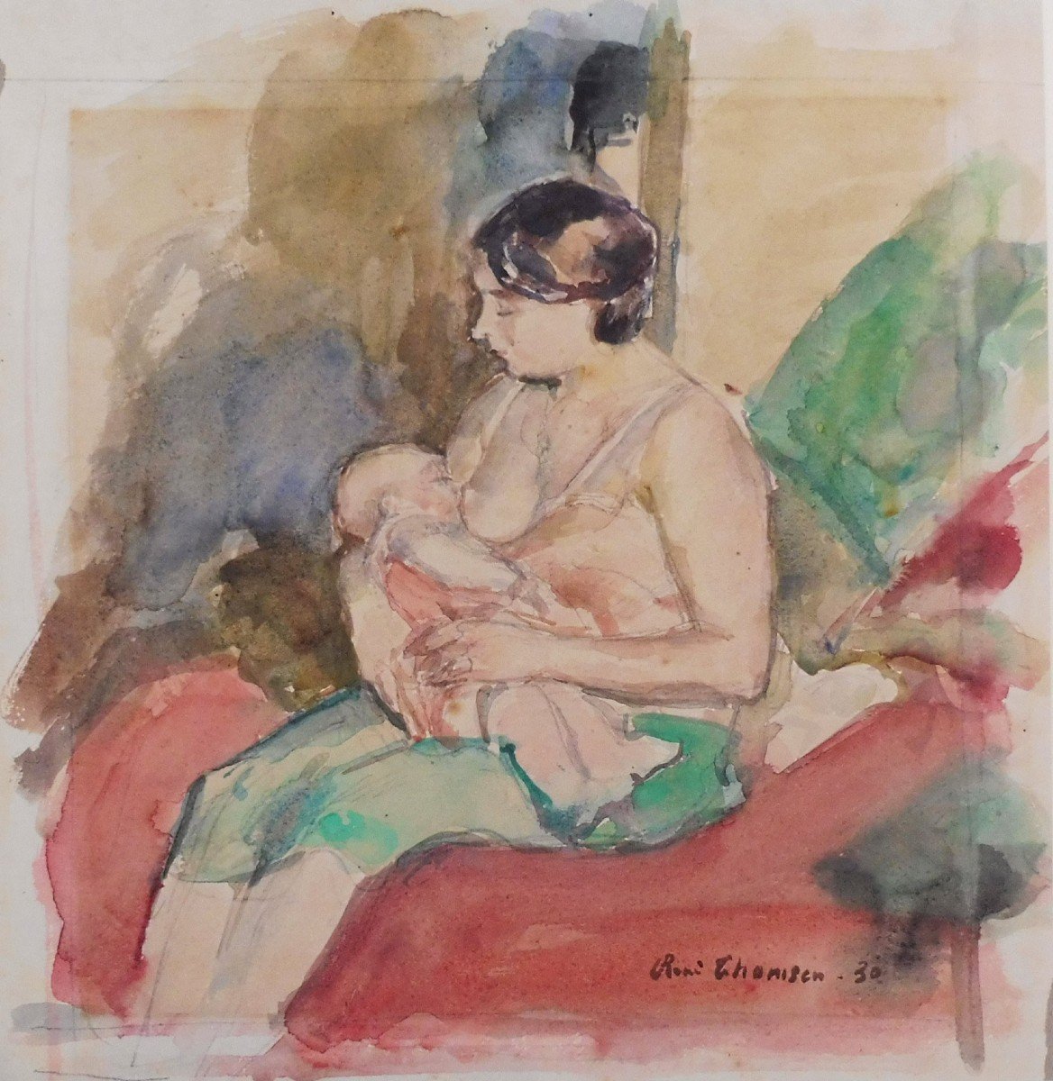 René Thomsen 1897-1976 Mother And Breastfeeding Child Watercolor-photo-4