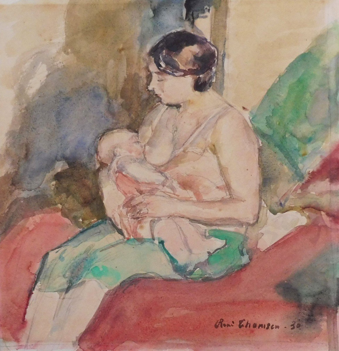 René Thomsen 1897-1976 Mother And Breastfeeding Child Watercolor