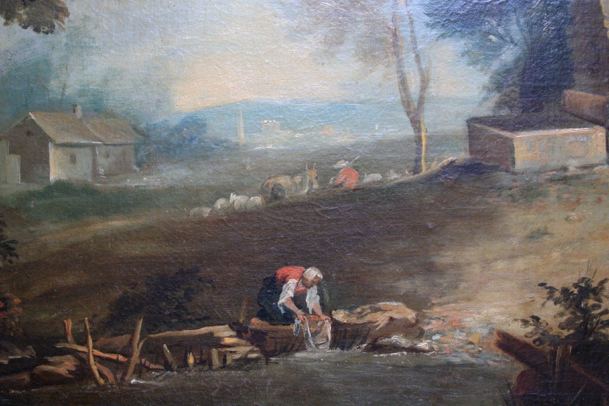 La Lavandière French School Of The 18th Century Oil On Canvas-photo-2