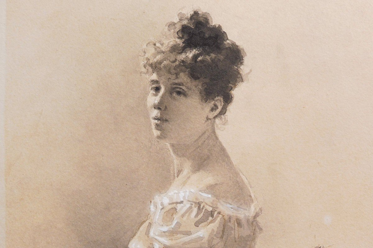 Cécile Chenevières-gaudez Born In 1851 Portrait Of A Woman Drawing With Pen And Lavis-photo-3