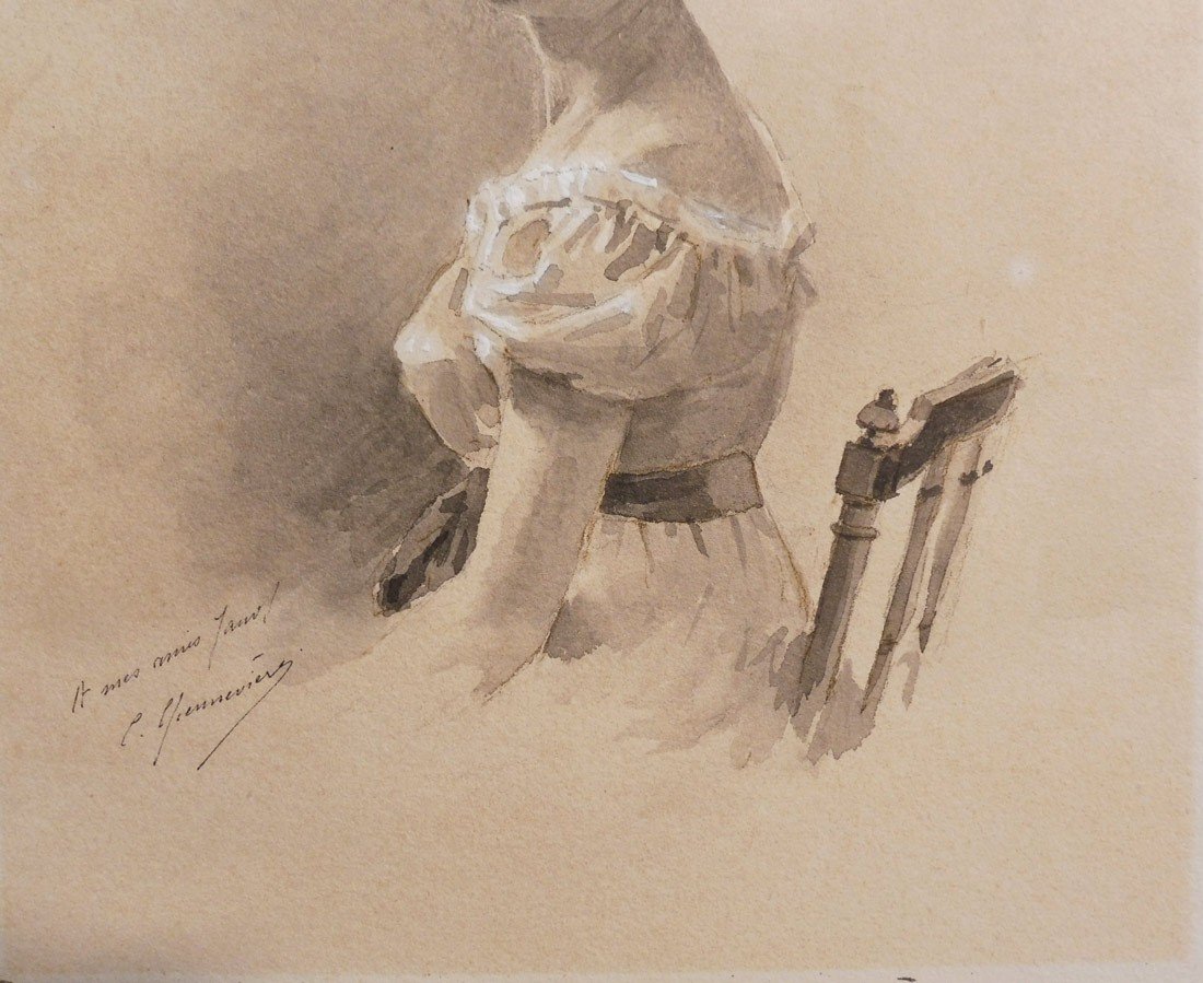 Cécile Chenevières-gaudez Born In 1851 Portrait Of A Woman Drawing With Pen And Lavis-photo-4