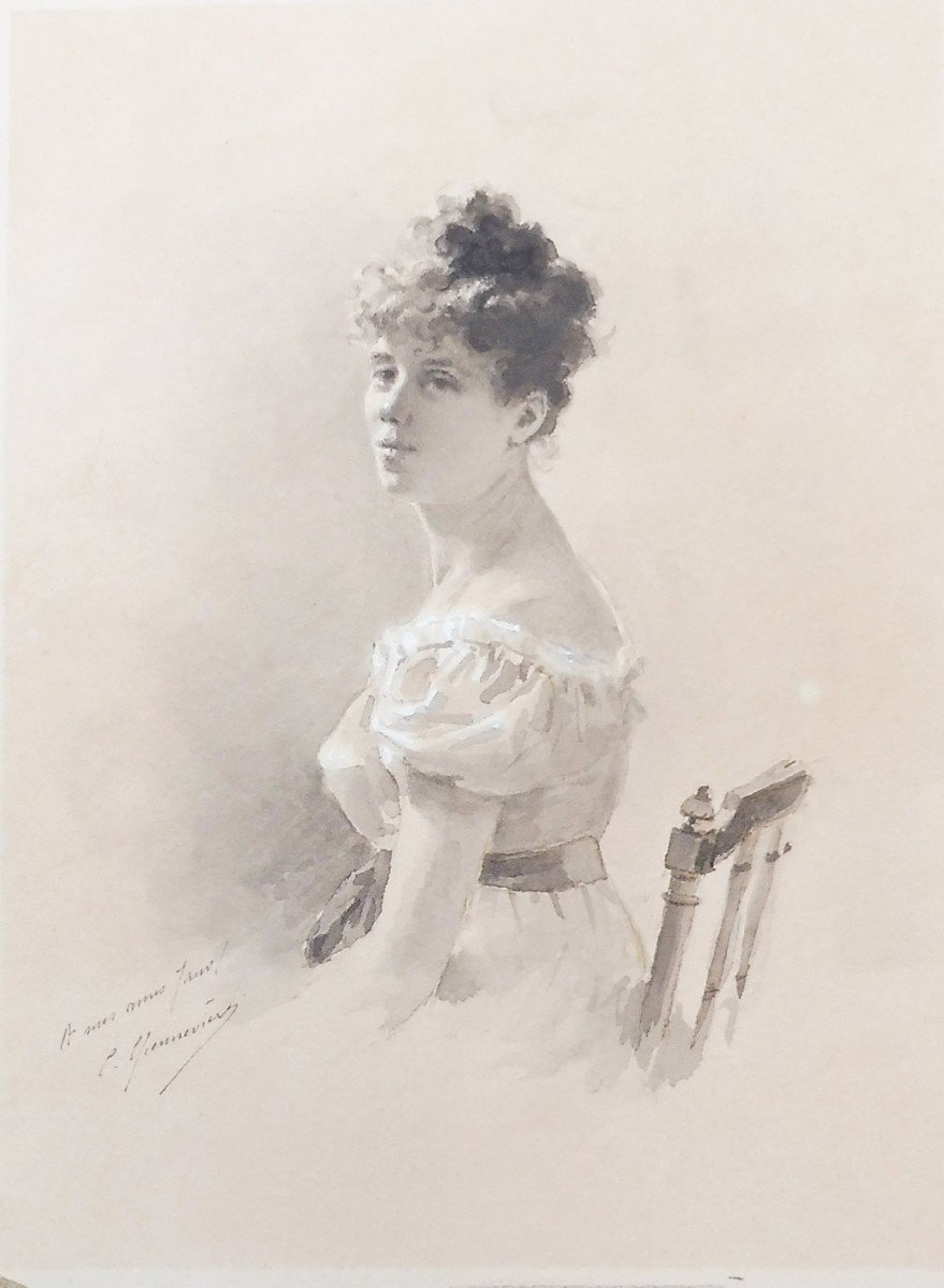 Cécile Chenevières-gaudez Born In 1851 Portrait Of A Woman Drawing With Pen And Lavis