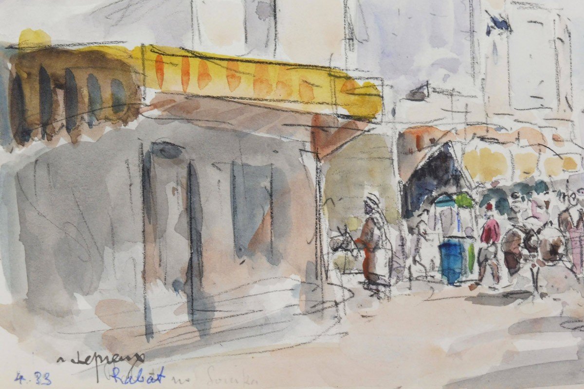 Albert Lepreux 1868-1959 Street In Rabat Morocco Watercolor-photo-2