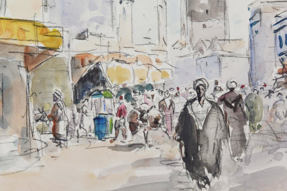 Albert Lepreux 1868-1959 Street In Rabat Morocco Watercolor-photo-3