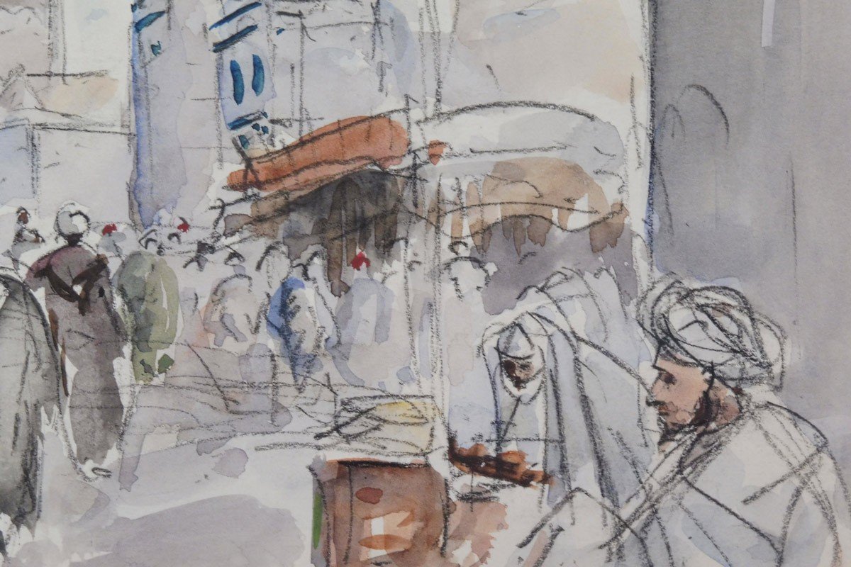 Albert Lepreux 1868-1959 Street In Rabat Morocco Watercolor-photo-4