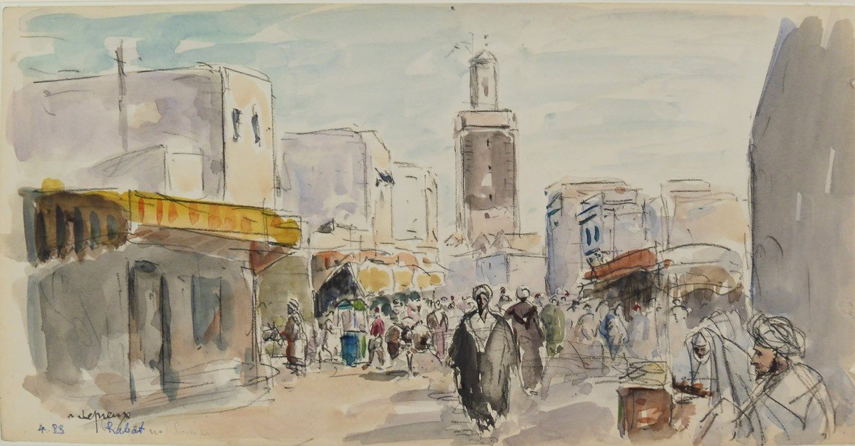 Albert Lepreux 1868-1959 Street In Rabat Morocco Watercolor