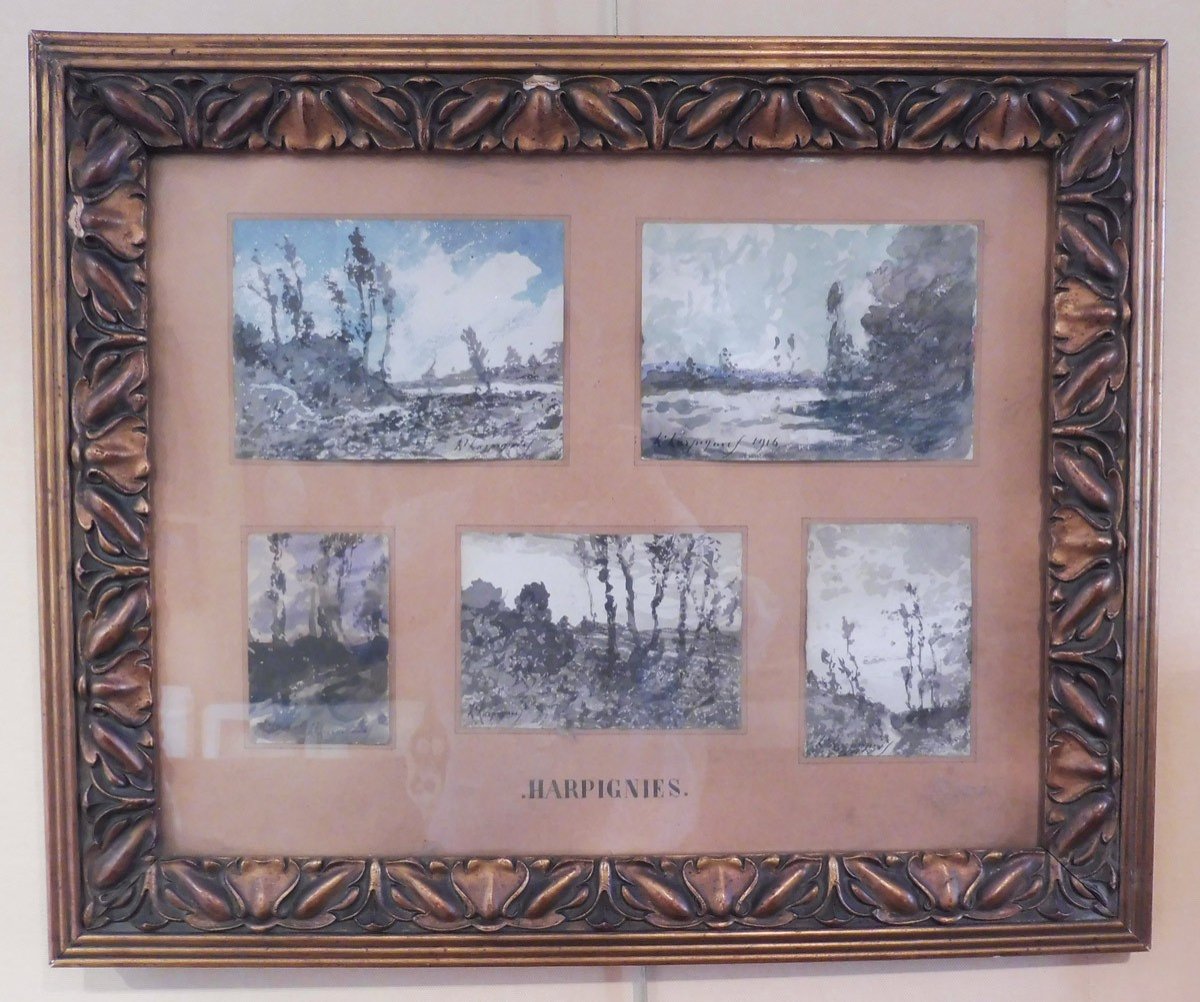 Henri Harpignies 1819-1916 Cinq Aquarelles Et Dessins Dans Un Même Encadrement