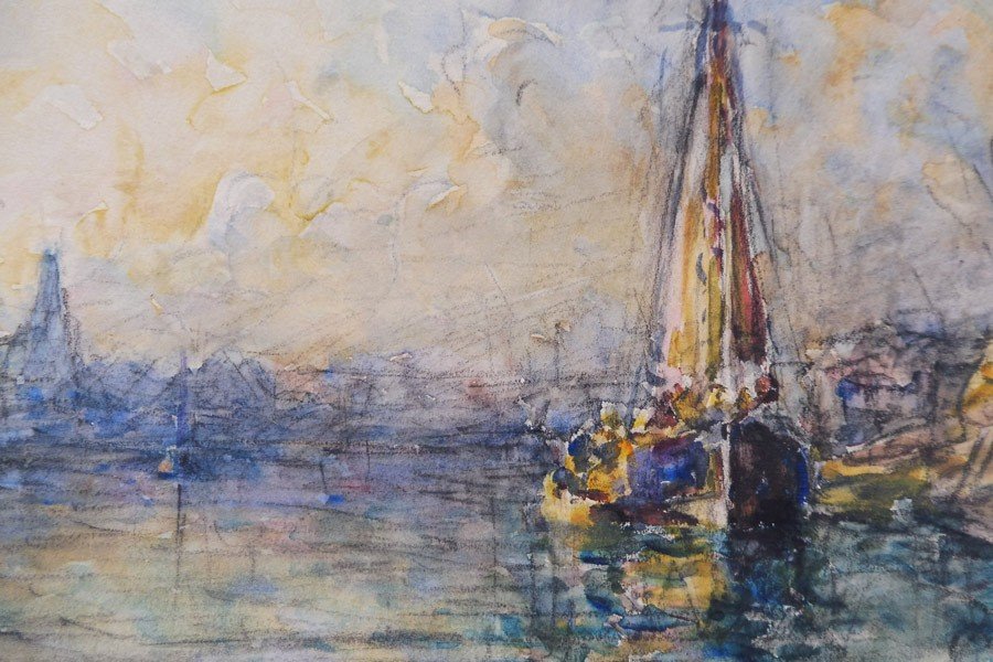 Georges Ricard-cordingley 1873-1939 Sailboat In La Rochelle Watercolor-photo-2
