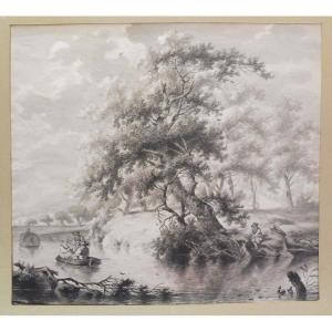 Dirk Jan Van Der Laan 1759-1829 Paysage Fluvial Animé Dessin Au Lavis d'Encre Grise