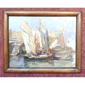 Georges Ricard-Cordingley 1873-1939  Voiliers Dans Le Port De Cannes Marine Huile Sur Papier