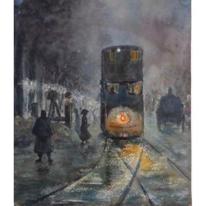 Georges François Dit Géo 1880-1968 Tramway Dans La Nuit Aquarelle