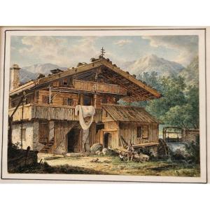 Simon Quaglio 1795-1878 Chalet Dans Les Alpes Italiennes Aquarelle