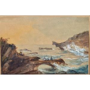 Rocks In Biarritz French School 19th Century Watercolor