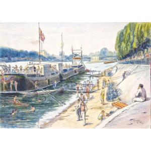 Clément Charles Bétout 1869-1945 Asnières La Plage Aquarelle