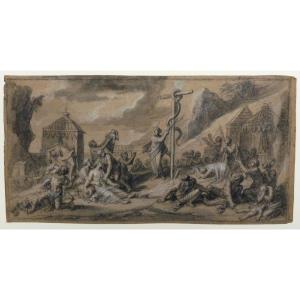 François Verdier 1651-1730 Moses And The Brazen Serpent Black Stone And White Chalk