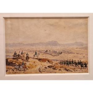 Théodore Jung 1803-1865 Bataille De La Conquête De l'Algérie Aquarelle