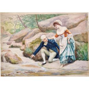 Jules Girardet 1856-1938 Couple By The River Watercolor