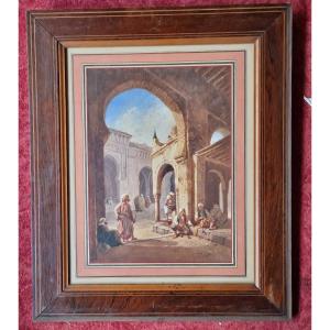 Louis Tesson 1820-1870 Arabes Fumant Devant Le Marché Aquarelle